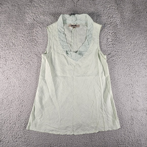Flax Tops - Flax Linen Tank Top Womens P XS Green Ruffle Collar Preppy Casual Classic Beachy